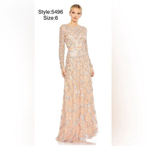 Lattice sequined high illusion neckline long sleeve A-line gown